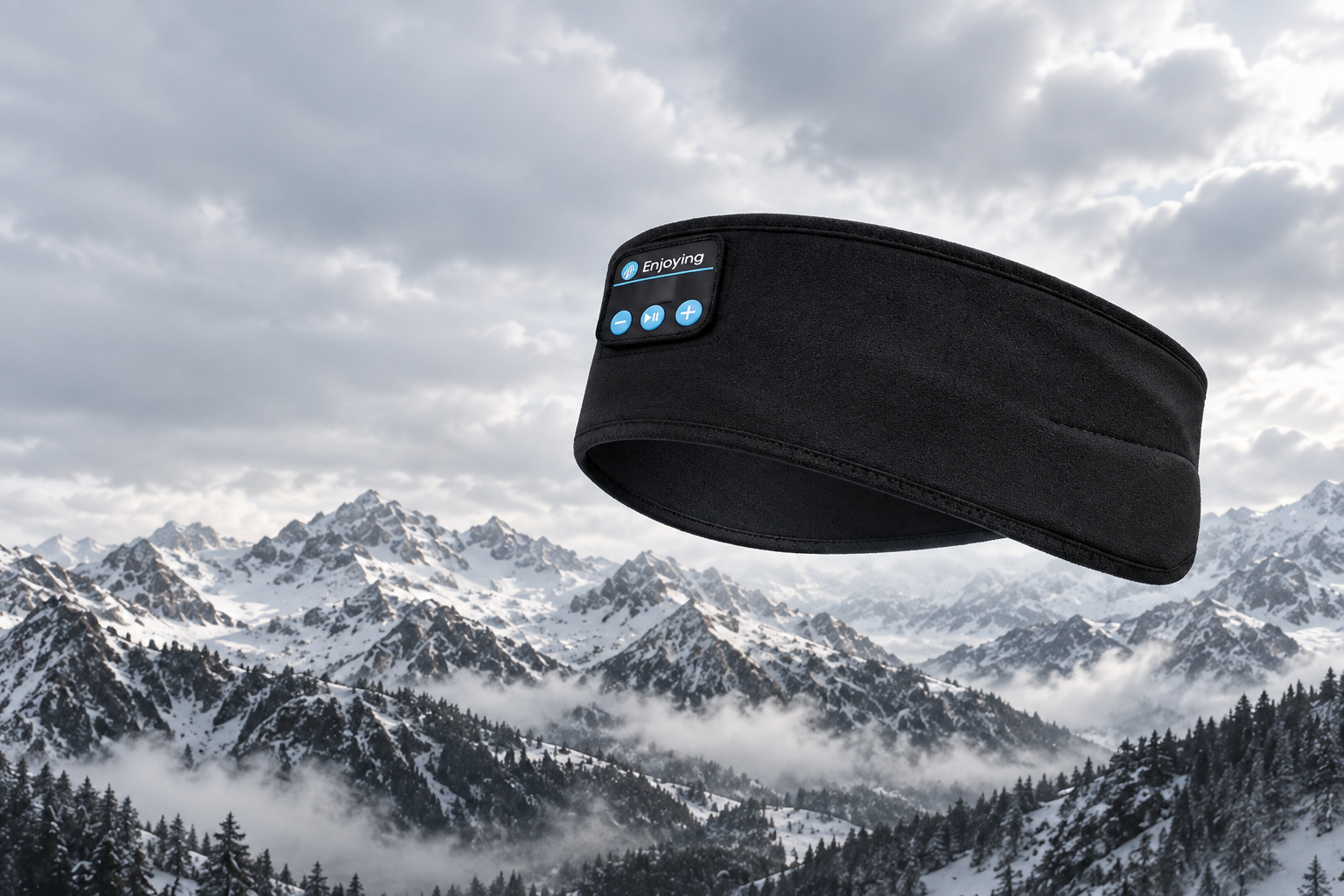 HUSL Motion Bluetooth sports headband above snowy mountains